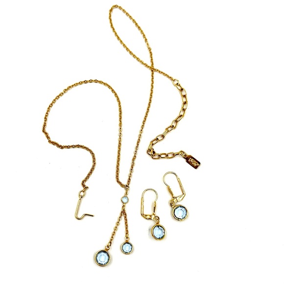 1928 Brand Necklace Earrings Set Gold & Blue Crystal Drops - Picture 1 of 9